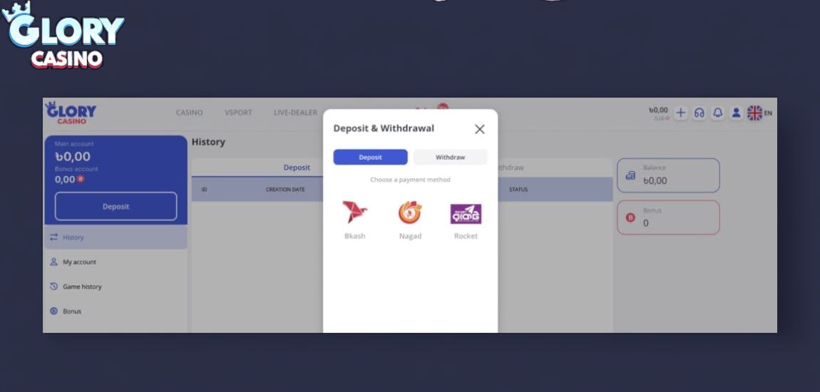Payment Methods at Glory Casino
